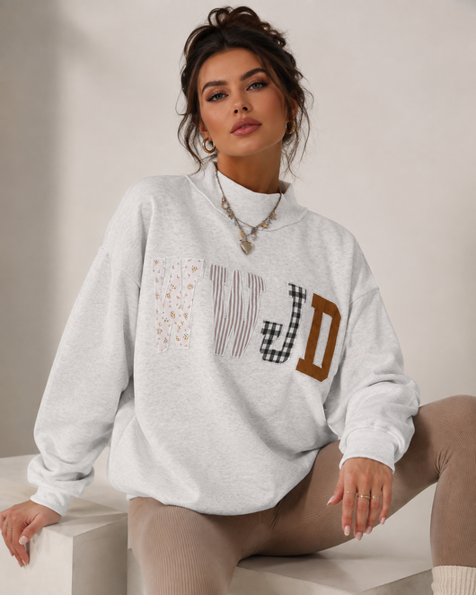 WWJD Patchwork Mock Neck Crewneck